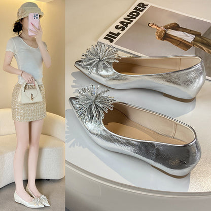 Women's 6cm Invisible Height Increase Mary Jane Flats, French Elegant Pointed Toe Low Cut Slip On Shoes, Rhinestone Floral Decor Dress Shoes For Matching Dresses