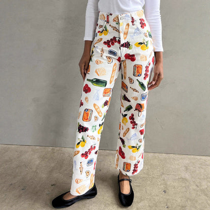 Printed High-quality Fashionable Casual Denim Womens Pants