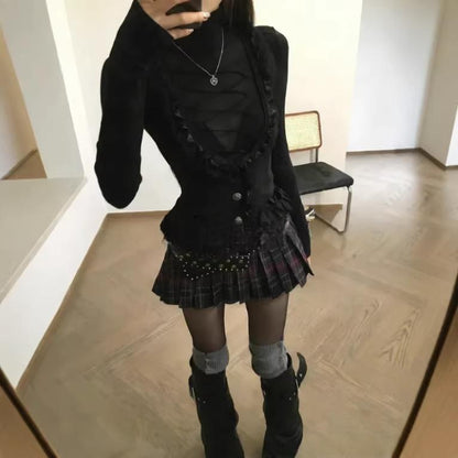 Dark Gothic-style Black Lace Halter Vest For Women