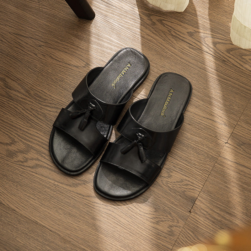 Mens Genuine Leather Slippers Made From Full-grain Cowhide