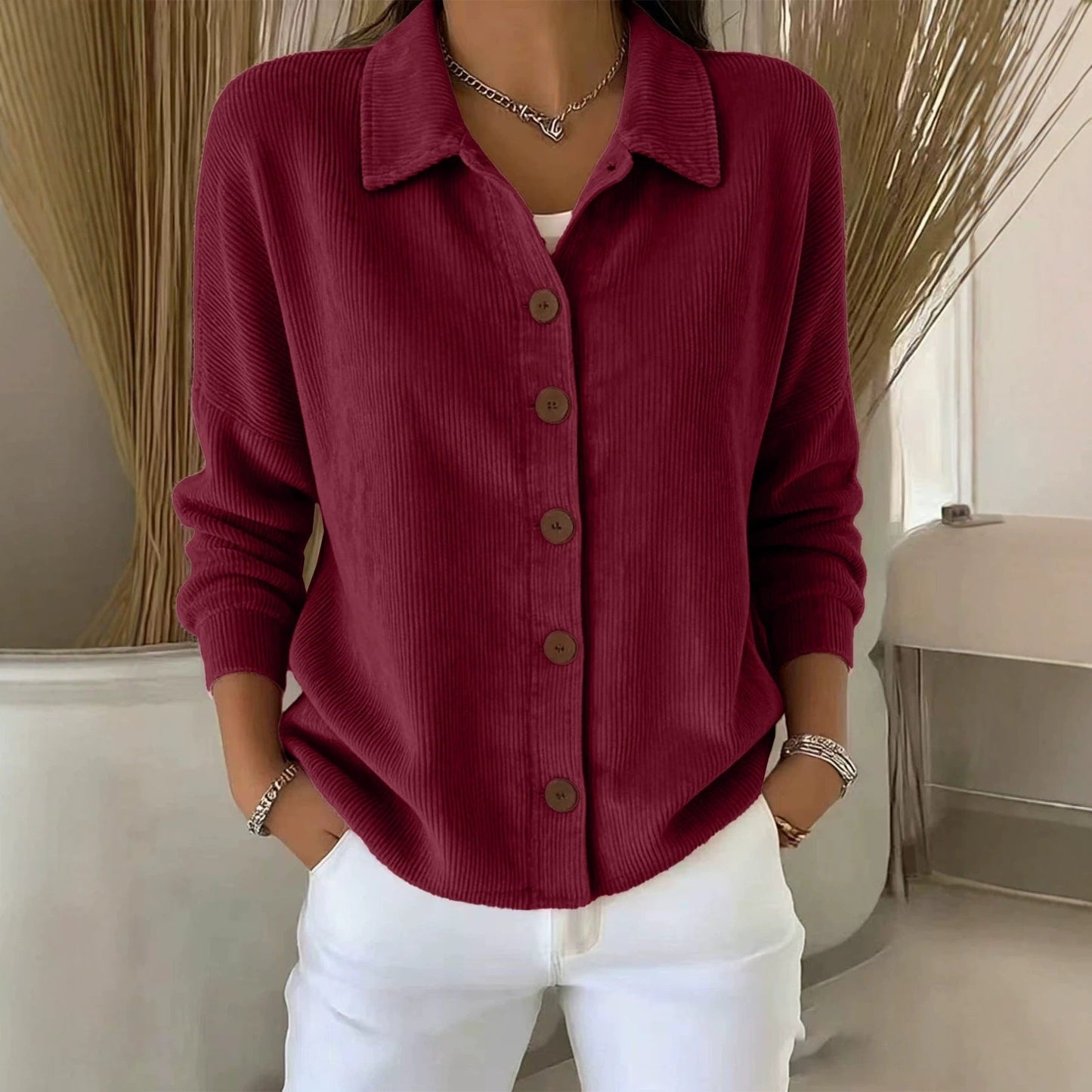 Womens Solid-Color Long-Sleeve Cardigan Polo Shirt