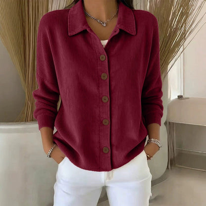 Womens Solid-Color Long-Sleeve Cardigan Polo Shirt