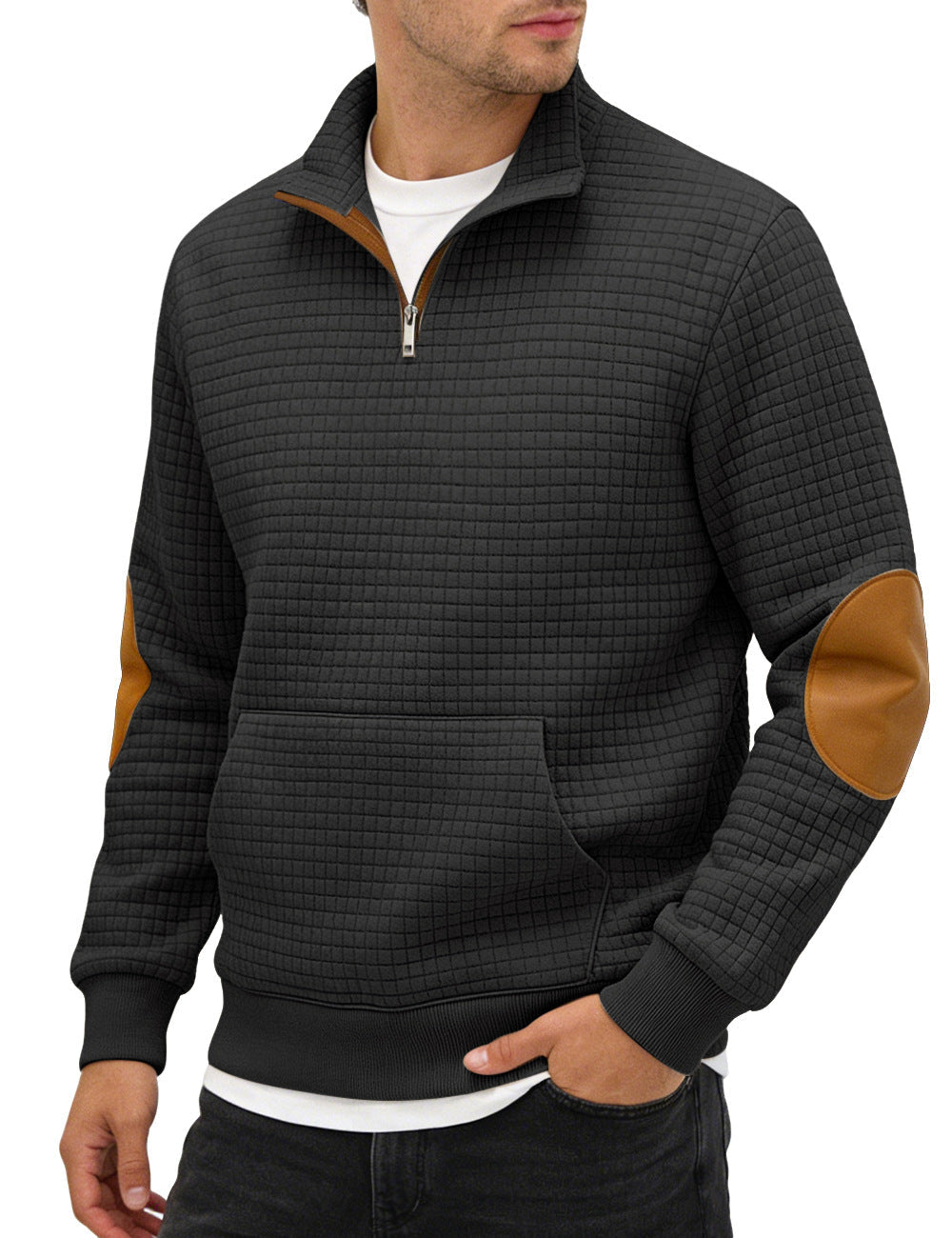 Cross-border Amazon Men's Autumn & Winter Half-Zip Suede Jacquard Small Check Long-Sleeve Stand Collar Casual Sweatshirt