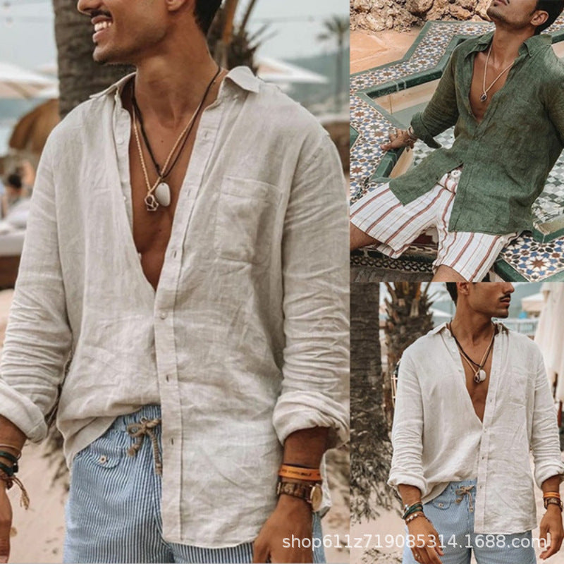 Foreign Trade Autum New Men's Pure Color European And American Loose Casual Lapel Long-Sleeved Cardigan Beach Shirt Men's Style
