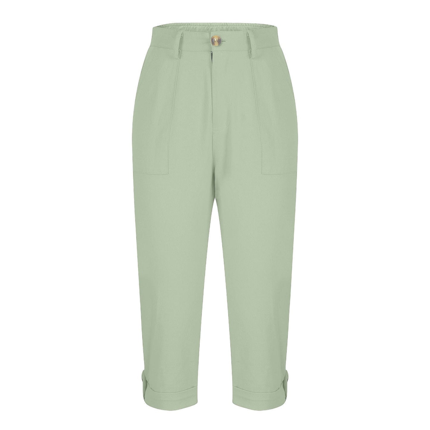 Womens Solid-color Buttoned Roll-up Capri Pants