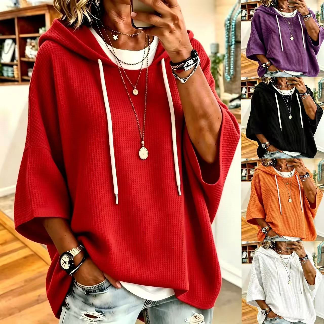 Women Casual Waffle Knit Hooded Tops Drawstring 3 4 Batwing Sleeve Loose Fit Solid Color Pullover Sweatshirt