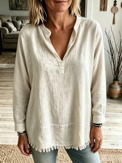 Women Solid Shirt Notch Collar V Neck Long Sleeve Tassel Fringe Hem Loose Casual Blouse Tops Spring Summer