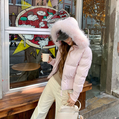 Womens Stylish Waist-cinching Figure-flattering Cropped Coat With A Large Fur-lined Hood