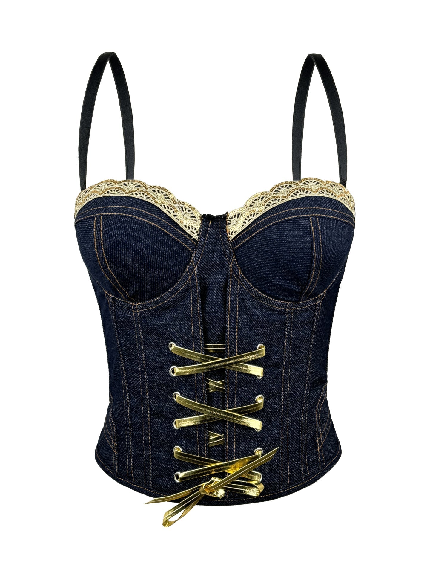 Fashionable Denim Lace-Up Drawstring Fishbone Corset Lace Camisole Versatile Slim-Fit Flattering Backless Top With Chest Pads For Outerwear