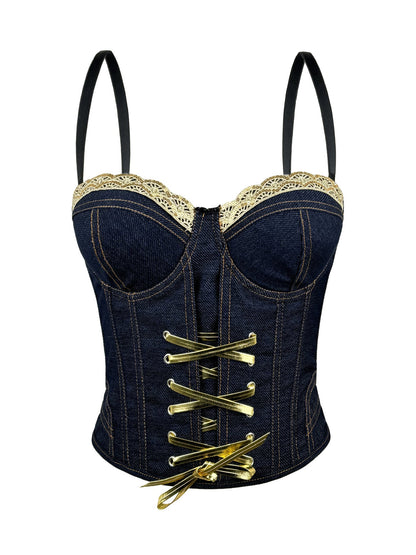 Fashionable Denim Lace-Up Drawstring Fishbone Corset Lace Camisole Versatile Slim-Fit Flattering Backless Top With Chest Pads For Outerwear