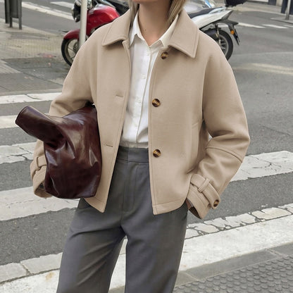 Straight-cut Cropped Lapel Wool Coat For Women