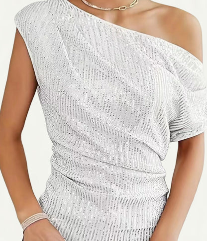 Sequin-Embellished Off-Shoulder Short-Sleeve Womens T-Shirt