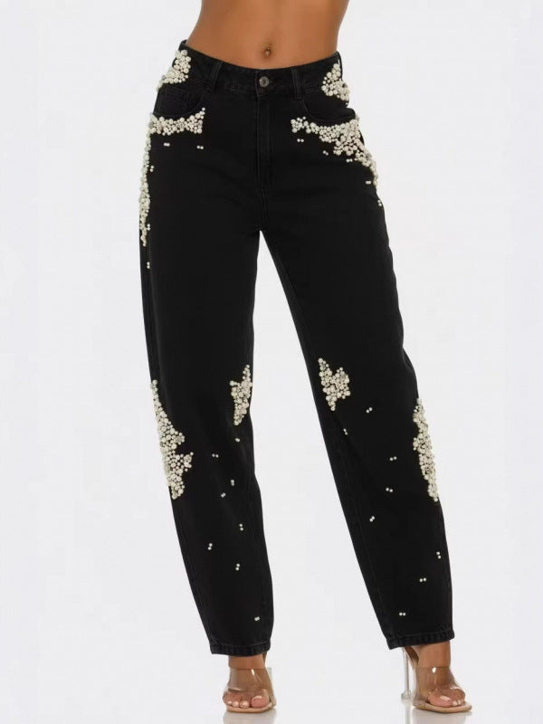 Wash Pearls Beaded High Waist Carrot Jeans