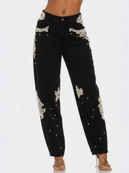 Wash Pearls Beaded High Waist Carrot Jeans