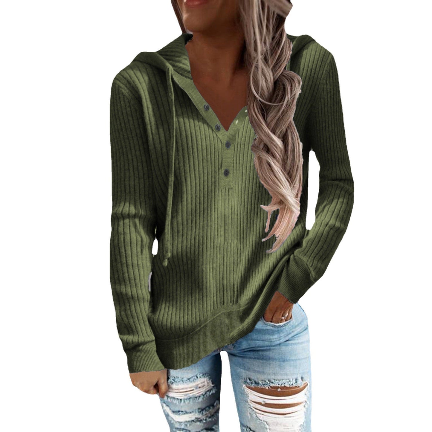 Women Ribbed Knit Hoodie Top Henley Half Button Drawstring Long Sleeve Casual Pullover Blouse