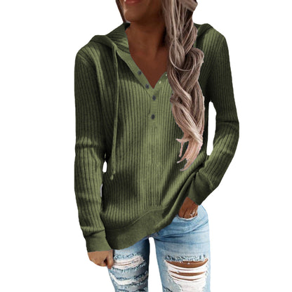 Women Ribbed Knit Hoodie Top Henley Half Button Drawstring Long Sleeve Casual Pullover Blouse