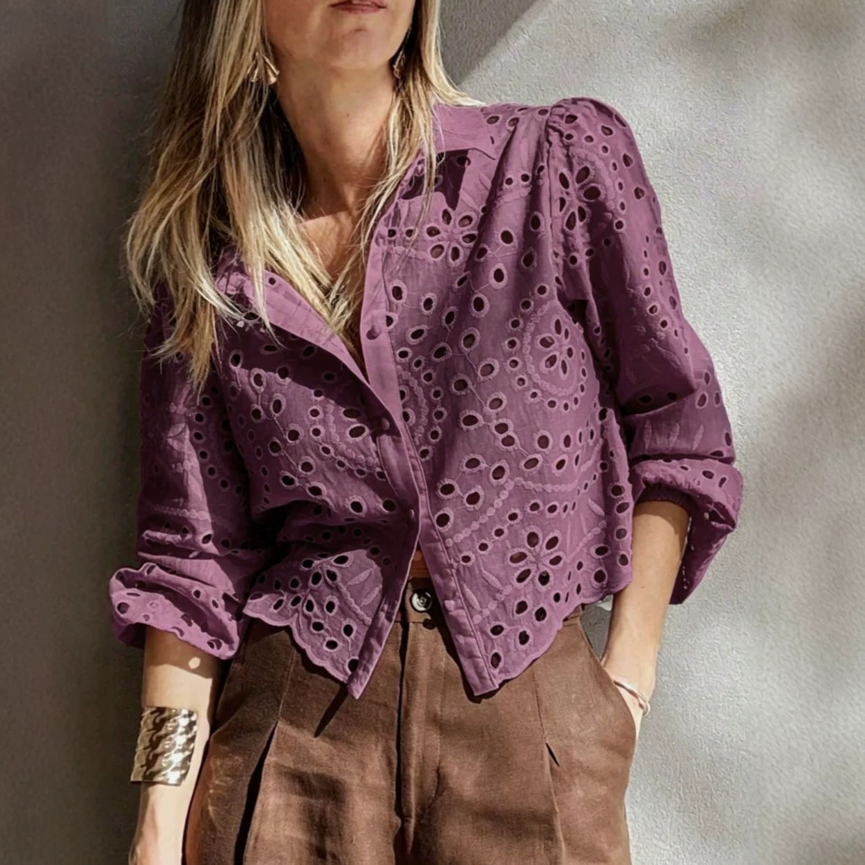 Women's Solid-color Loose-fit Hollow-out Embroidered Short Shirt