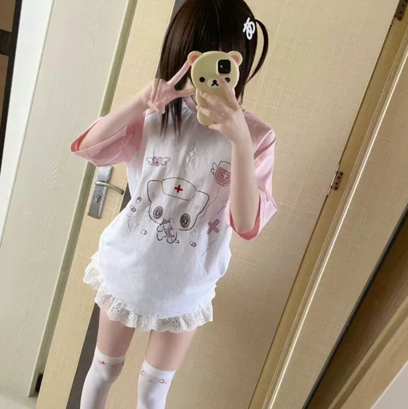 2D Kawaii Otaku-style Pure Cotton Patchwork Short-sleeve Top
