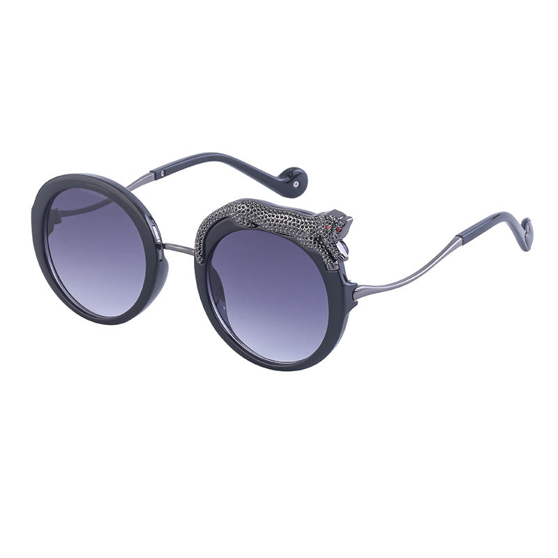 New Anti-Blue Light Glasses For Women With Leopard Head And Diamond Embellishments, European And American Style Round Frame Sunglasses, Trendy Large Frame Sun Protection Sunglasses With A High-End Fee