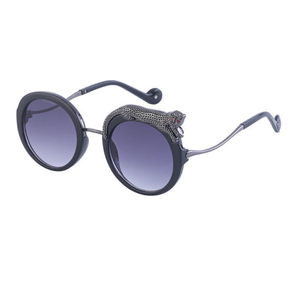 New Anti-Blue Light Glasses For Women With Leopard Head And Diamond Embellishments, European And American Style Round Frame Sunglasses, Trendy Large Frame Sun Protection Sunglasses With A High-End Fee