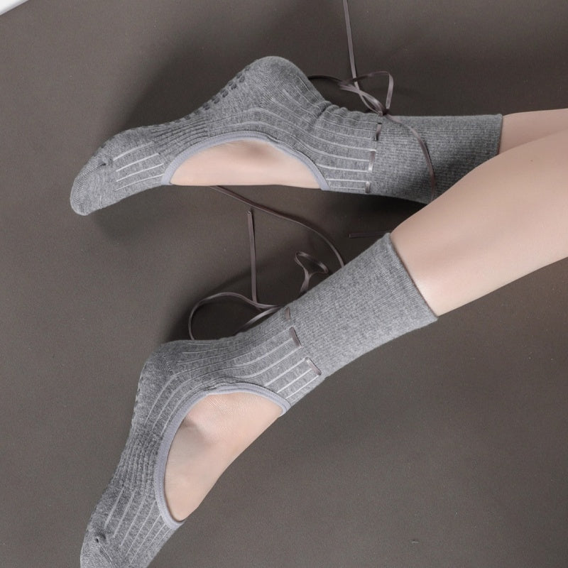 Ballet-style Backless Ribbon Yoga Socks With Silicone Non-slip Soles