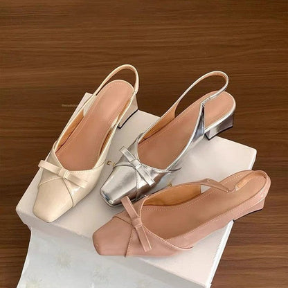 Women French High Heel Silver Closed Toe Sandals 2026 New Summer Elegant Bow Dress Pumps For Ladies
