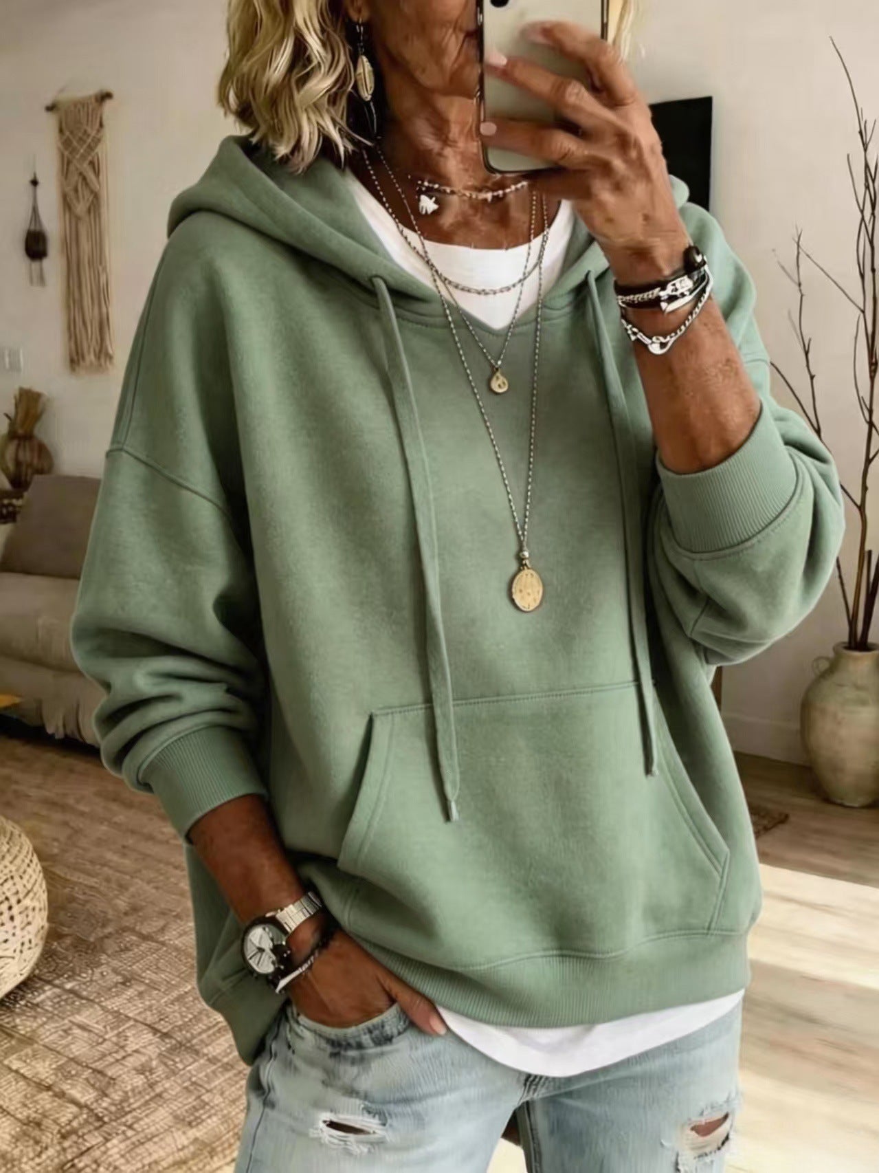 Women Casual Solid Pullover Hoodie Long Sleeve Drop Shoulder Sweatshirt With Drawstring & Kangaroo Pocket Loose Fit Tops