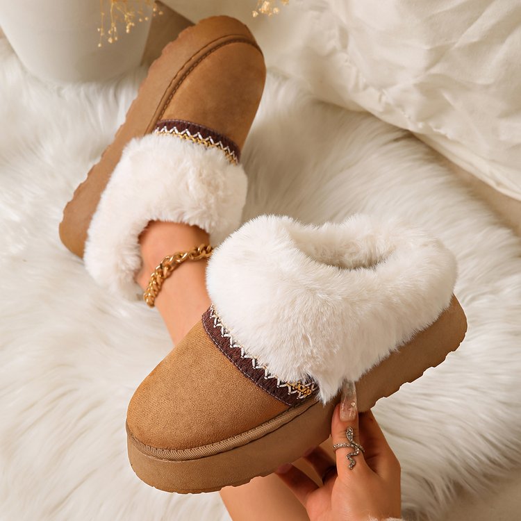 Women's Cross-Border Platform Snow Boots, Furry Trim Closed-Toe Thickened Cotton Slippers, Fleece Warm Indoor Home & Outdoor Wearable Cotton Shoes