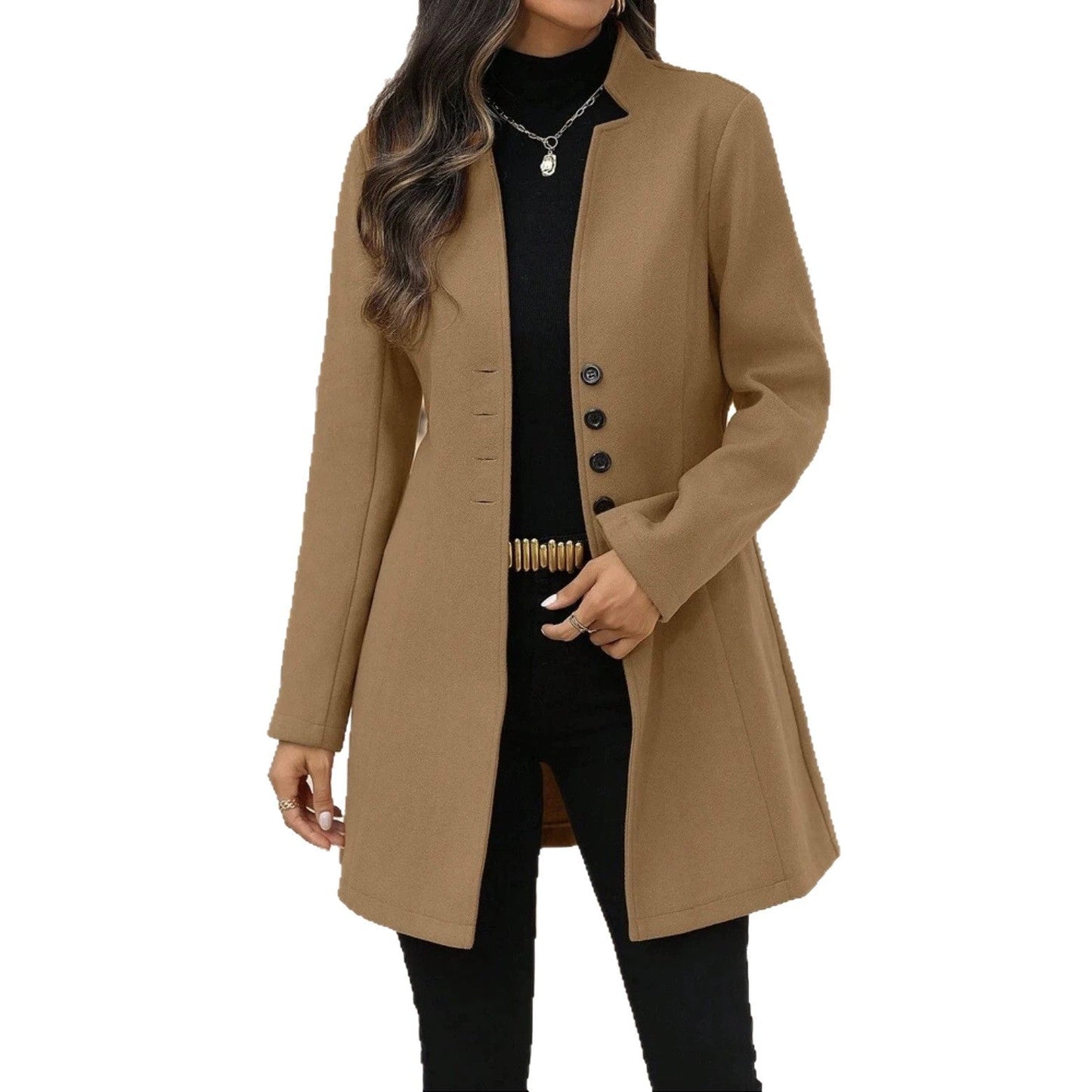 Elegant Wool Stand-collar Trench Coat Mid-length Style For Women