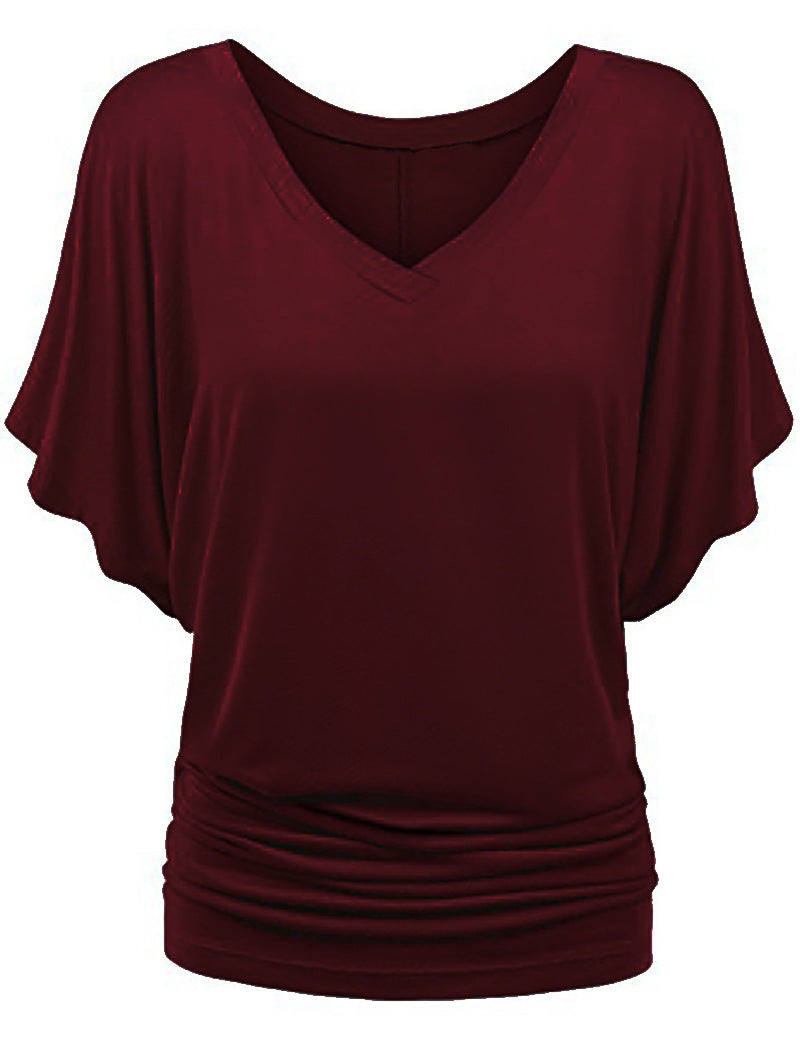 Plus-size Loose-fit Batwing-sleeve V-neck Short-sleeve T-shirt Top