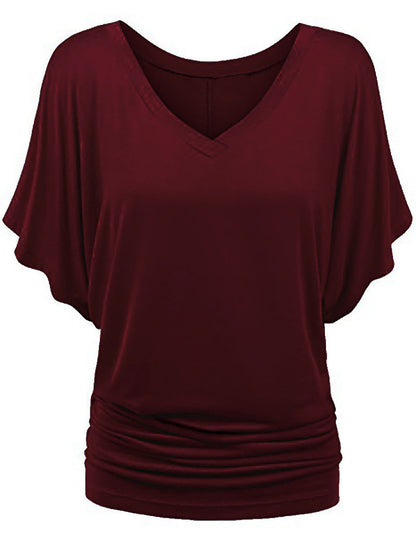 Plus-size Loose-fit Batwing-sleeve V-neck Short-sleeve T-shirt Top