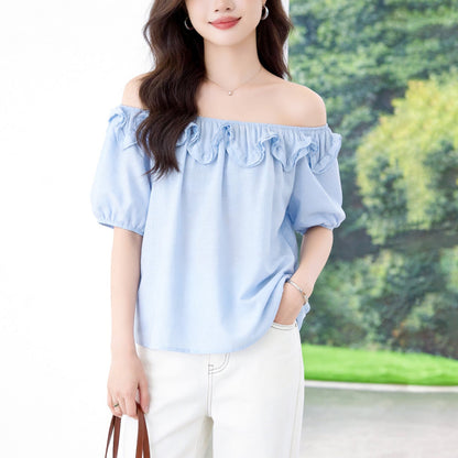 Ruffle-trimmed Off-shoulder Short-sleeve Blouse For Women