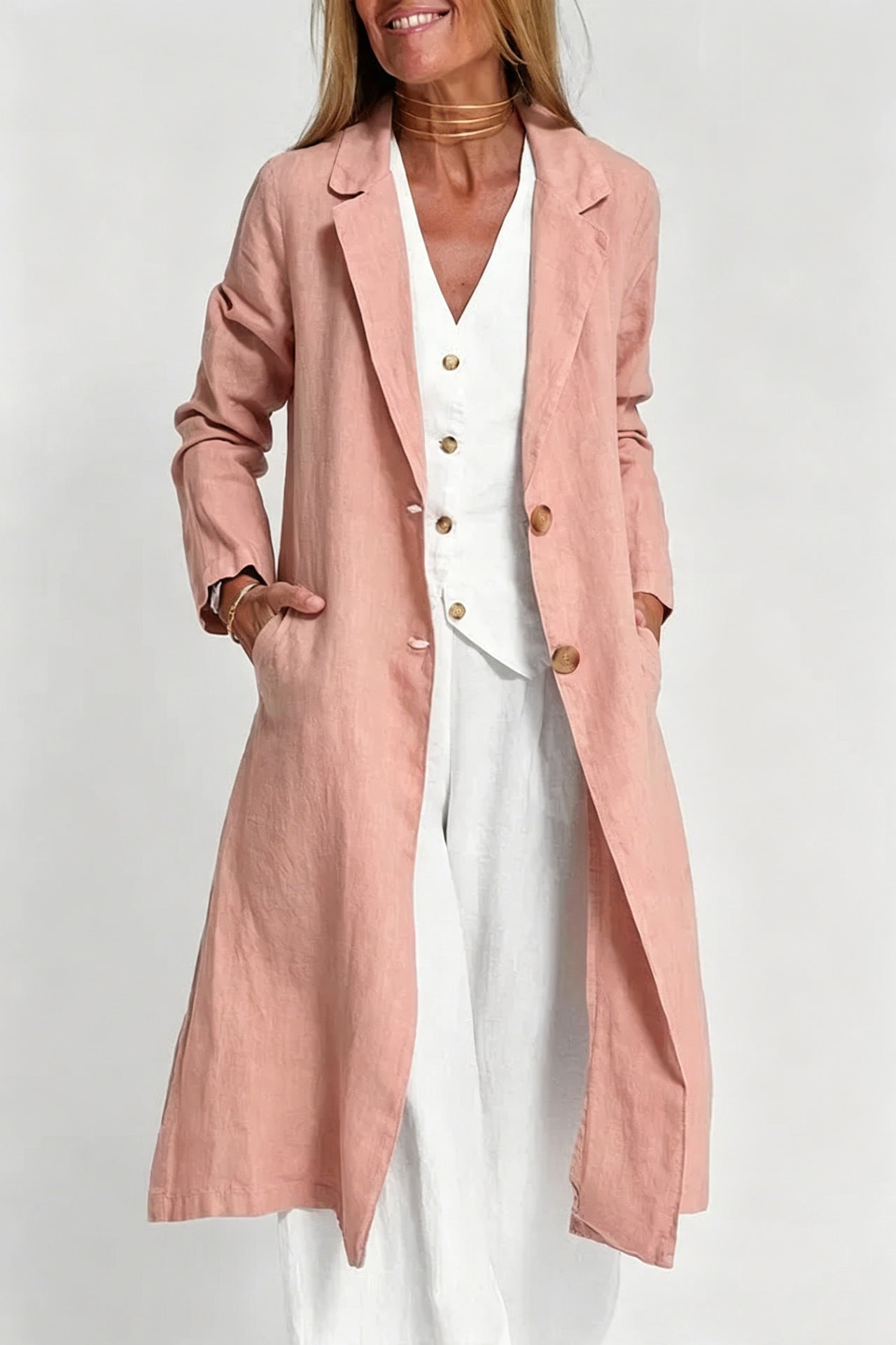 Long-sleeve Buttoned Cotton-linen Trench Coat With A Suit Collar