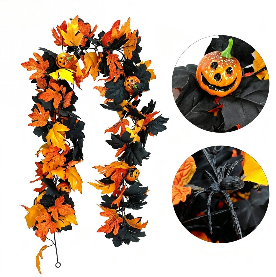 Halloween Artificial Maple Leaf Garland, Pumpkin Spider Fall Vine Decor, Spooky Hanging Garland For Front Door Mantel Wall, Halloween Party Holiday Decorations