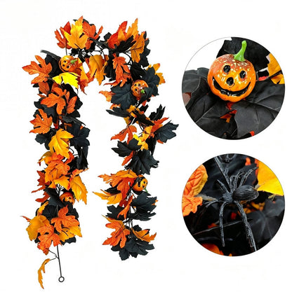 Halloween Artificial Maple Leaf Garland, Pumpkin Spider Fall Vine Decor, Spooky Hanging Garland For Front Door Mantel Wall, Halloween Party Holiday Decorations