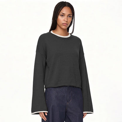 Womens Pullover Sweater Loose-Fit Round-Neck Casual Knit Top