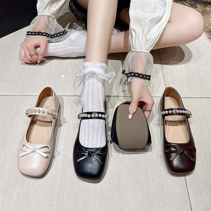 Girls & Women Gentle Style Pearl Mary Jane Flats, Bow Decoration Non Slip Soft Sole Hook And Loop Dress Shoes For Spring Autumn
