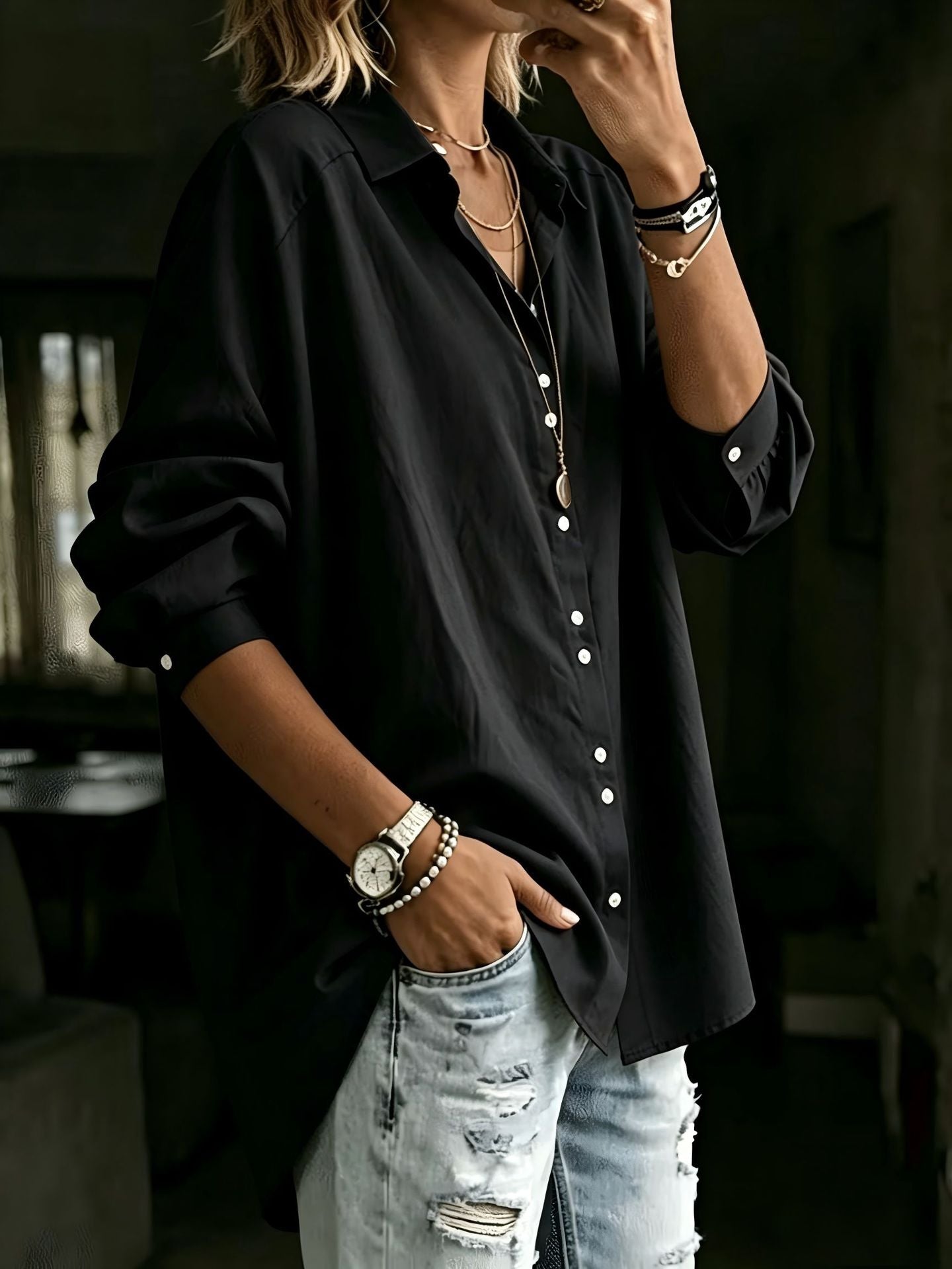 Casual Lapel Long-sleeve Shirt Fashionable Womens Wear