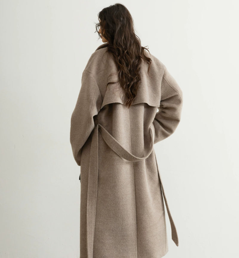 Retro-chic Soft Oat-beige Belted Wool Coat In A Long Silhouette