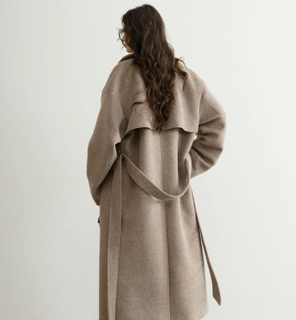 Retro-chic Soft Oat-beige Belted Wool Coat In A Long Silhouette
