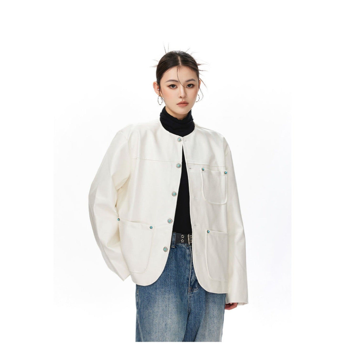 Womens Black Alligator-Print Collarless Leather Jacket
