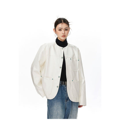 Womens Black Alligator-Print Collarless Leather Jacket