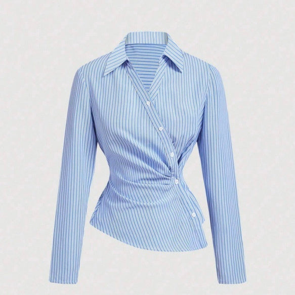 Womens Blue And White Vertical-striped Asymmetrical Long-sleeve Shirt