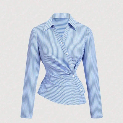 Womens Blue And White Vertical-striped Asymmetrical Long-sleeve Shirt