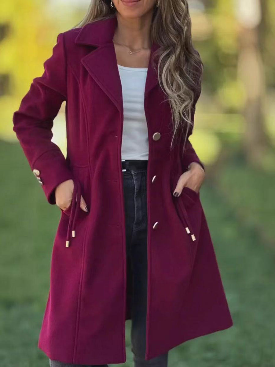 Womens Fashion Solid-color Mid-length Wool Coat With Drawstring And Pockets