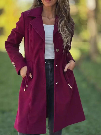 Womens Fashion Solid-color Mid-length Wool Coat With Drawstring And Pockets