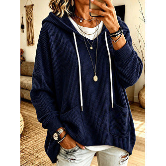 Anuo Self-developed European & American Autumn Winter Women's Waffle Loose Long Sleeve Hoodie Casual Sweatshirt