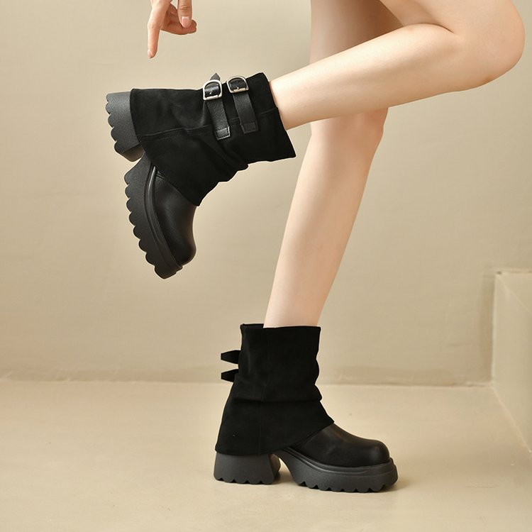 Women's Platform Height-Increasing Martin Boots, 2026 Autumn New Arrival, Popular Slouchy Ankle Boots, Mocha Pants Shaft Knight Boots