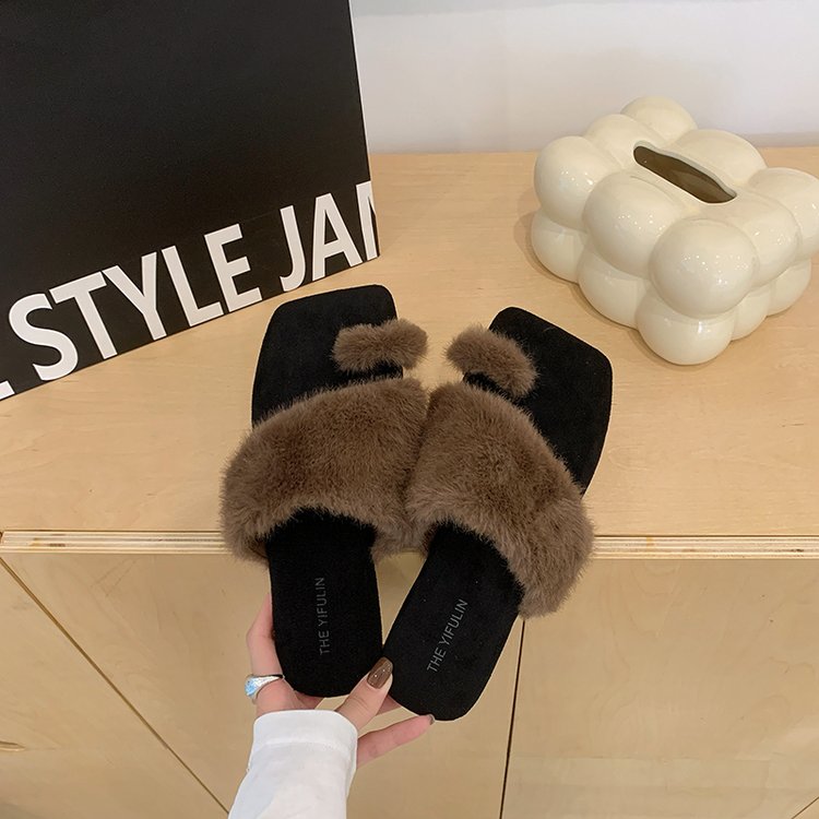 Women Square Toe Cross Band Furry Slides Leopard Print Faux Fur Flat Slippers Casual Indoor Outdoor Warm Plush Slide Sandals