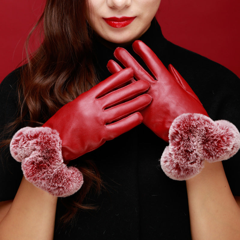 Womens Winter Fashionable Leather Touchscreen Gloves With A Wide U-Shape Cuff